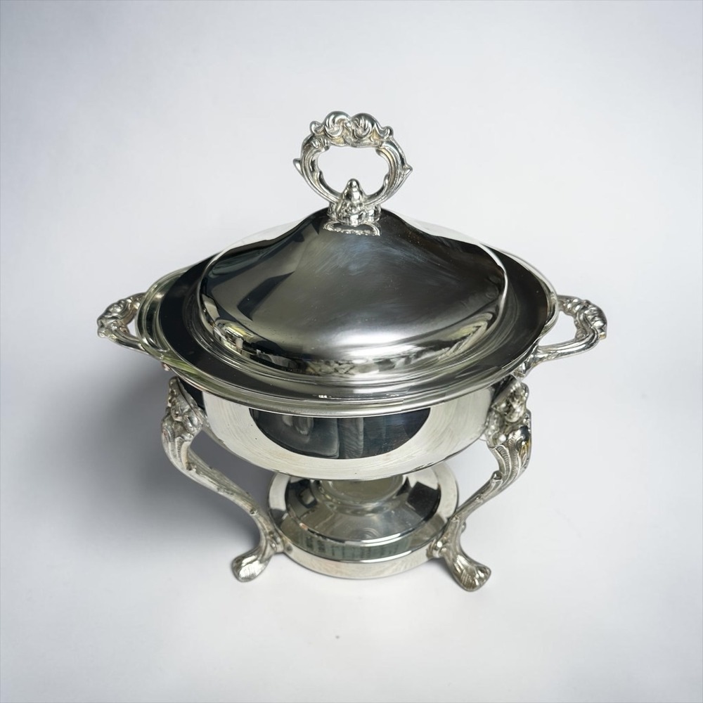 English Silver Mfg Corp Pyrex Chafing Dish Silver‎ Plate 2QT Food Warmer 024 USA